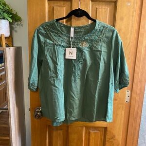 NWT. Green Embroidered Blouse